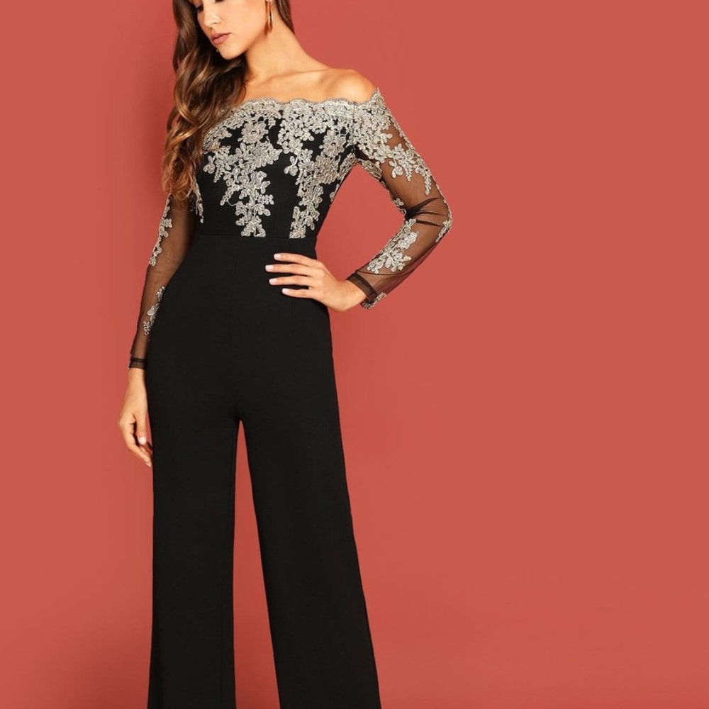 Black Floral  Embroidered Mesh Jumpsuit - Picture 4 of 7